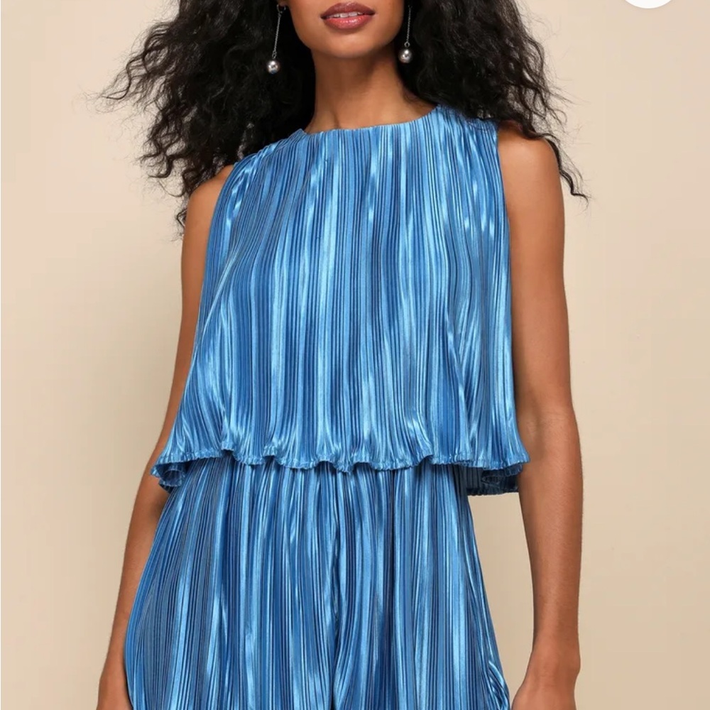 Lulu's Shimmering Blue Pleated Jumpsuit